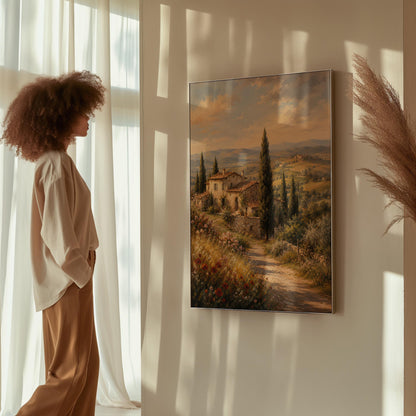 Tuscan farmhouse landscape with cypresses and poppies, canvas wall art on a quiet wall in a considered interior
