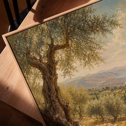 Old olive tree over a Mediterranean coastline, canvas print in a warm, minimally styled interior