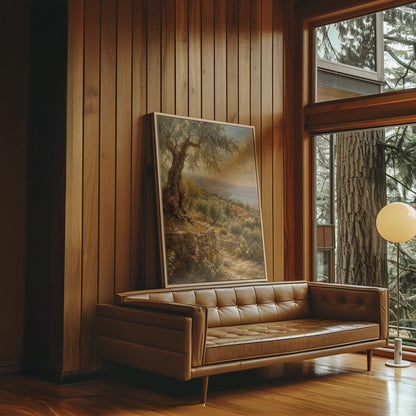 Old olive tree over a Mediterranean coastline, canvas print seen in a warm interior with natural light