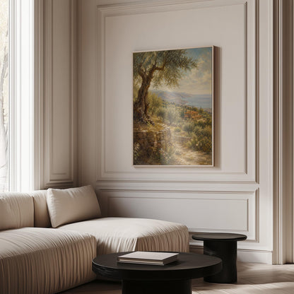 Old olive tree over a Mediterranean coastline, canvas print shown to scale in a furnished room