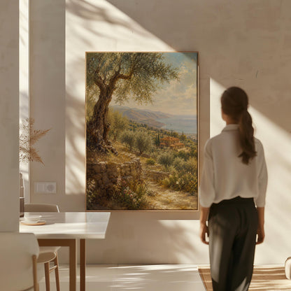 Old olive tree over a Mediterranean coastline, canvas print displayed on a neutral wall in a styled interior