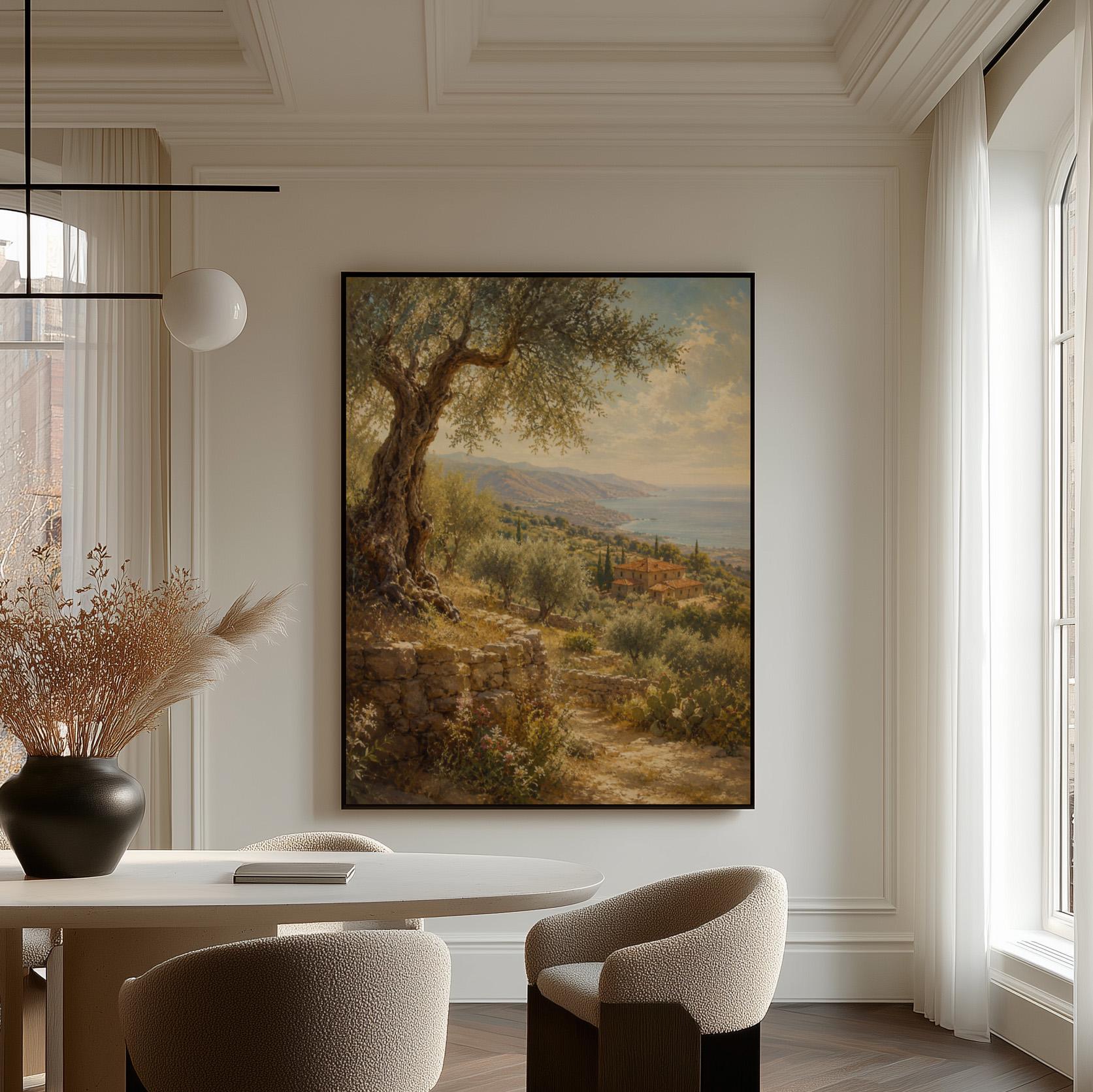 Old olive tree over a Mediterranean coastline, canvas wall art hanging in a calm, modern living space