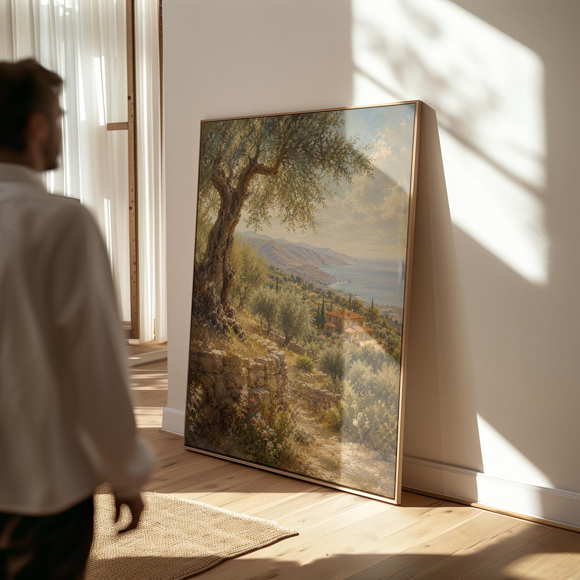 Old olive tree over a Mediterranean coastline, canvas wall art seen in a warm interior with natural light