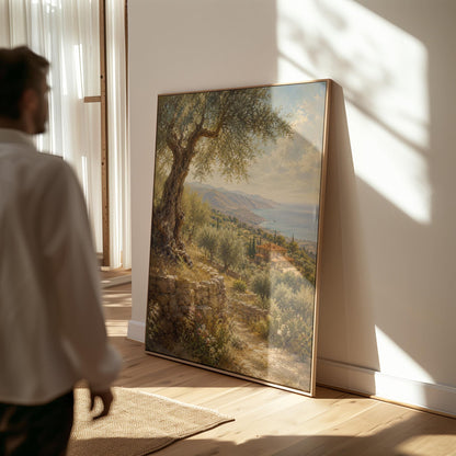 Old olive tree over a Mediterranean coastline, canvas wall art seen in a warm interior with natural light