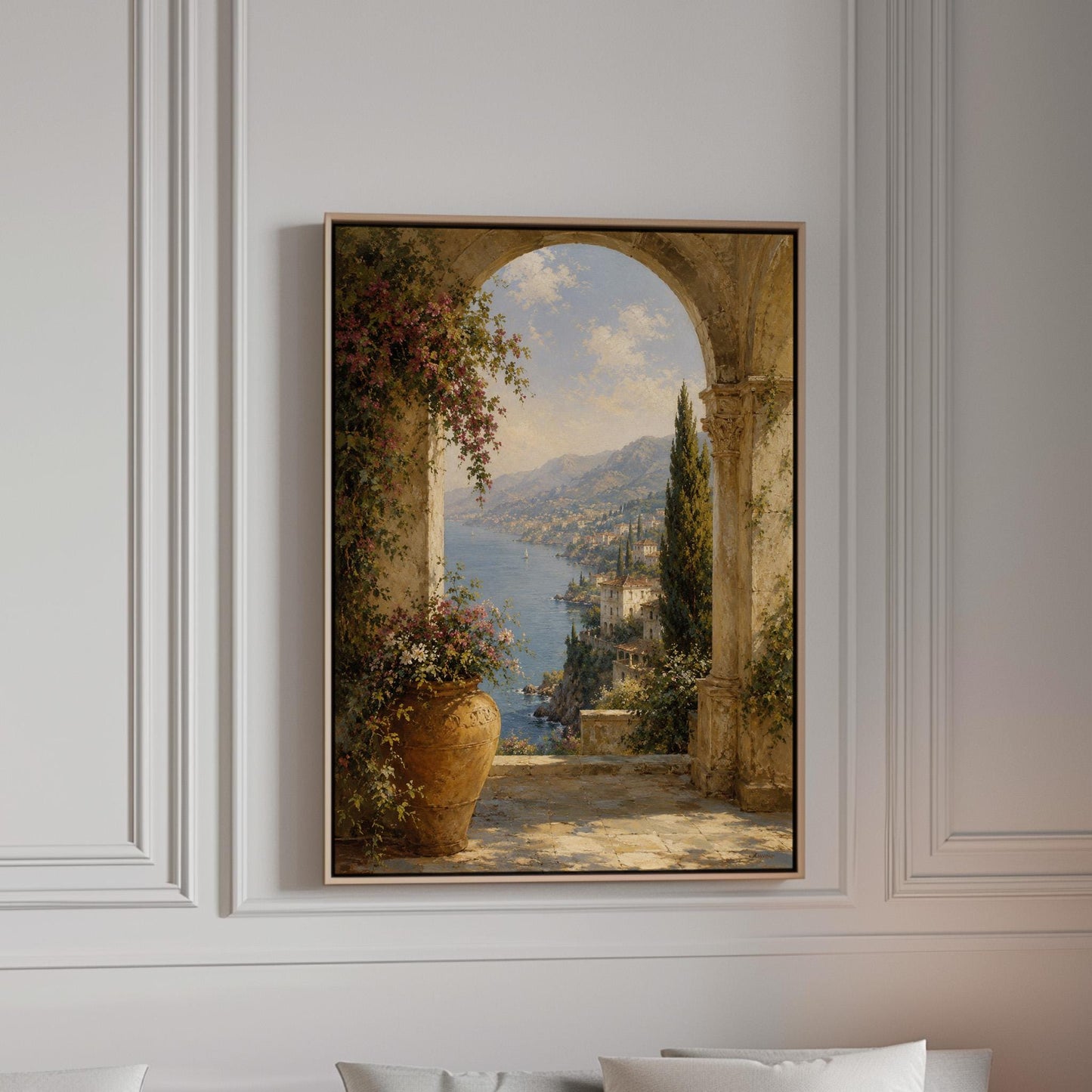 Mediterranean coastline seen through an old stone arch, canvas print in a bright room with natural daylight