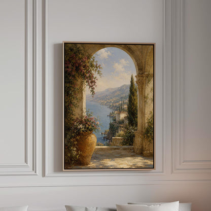 Mediterranean coastline seen through an old stone arch, canvas print in a bright room with natural daylight