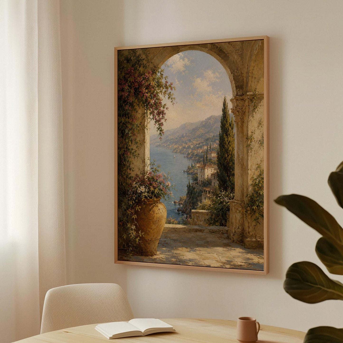 Mediterranean coastline seen through an old stone arch, canvas print hanging in a calm, modern living space