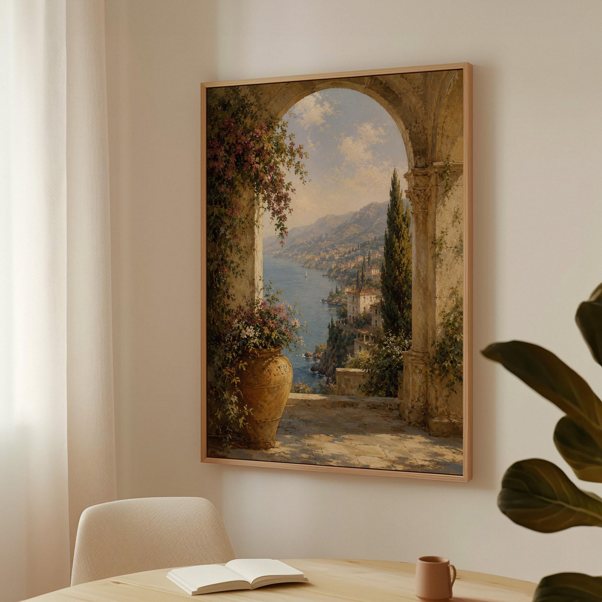 Mediterranean coastline seen through an old stone arch, canvas print hanging in a calm, modern living space