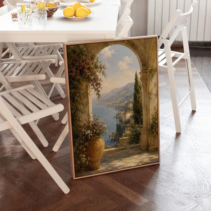 Mediterranean coastline seen through an old stone arch, canvas print on a quiet wall in a considered interior