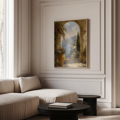 Mediterranean coastline seen through an old stone arch, canvas print shown to scale in a furnished room