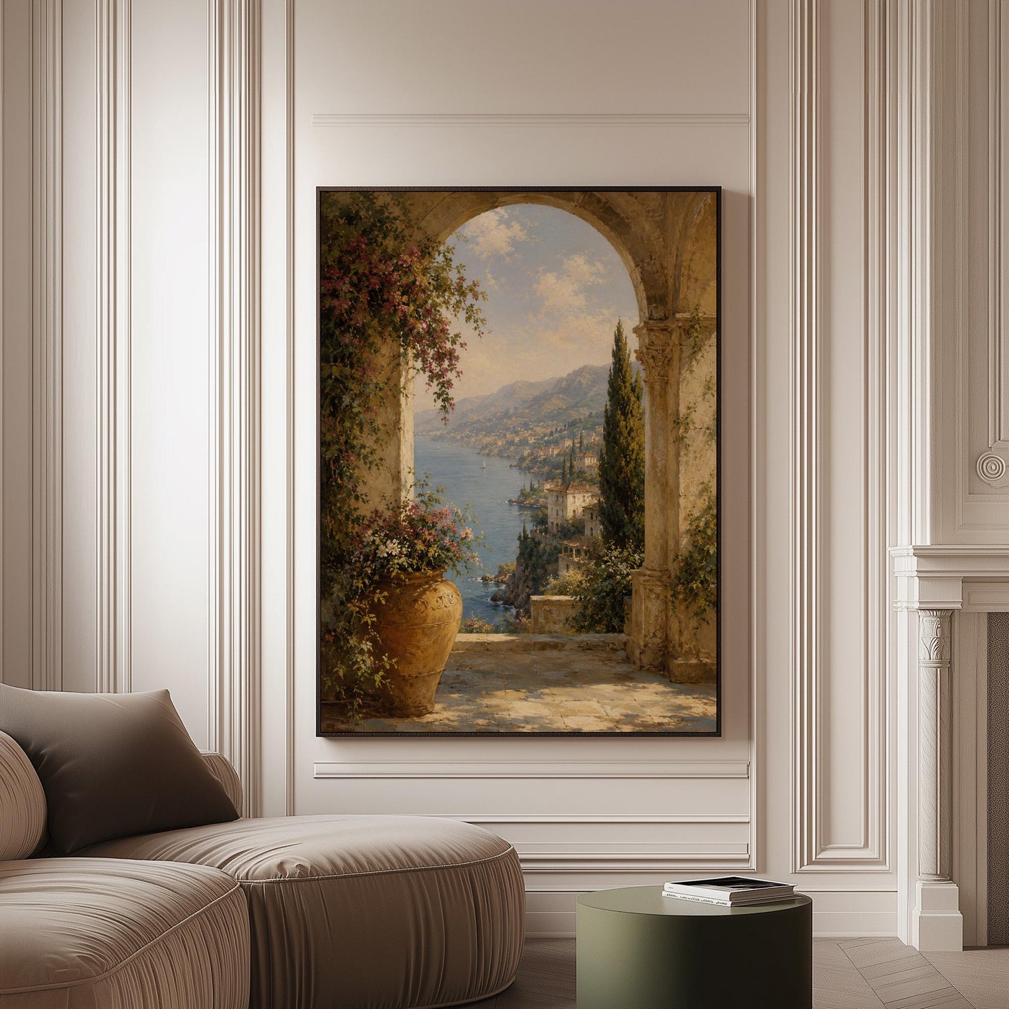 Mediterranean coastline seen through an old stone arch, canvas print on a softly lit wall in a calm interior