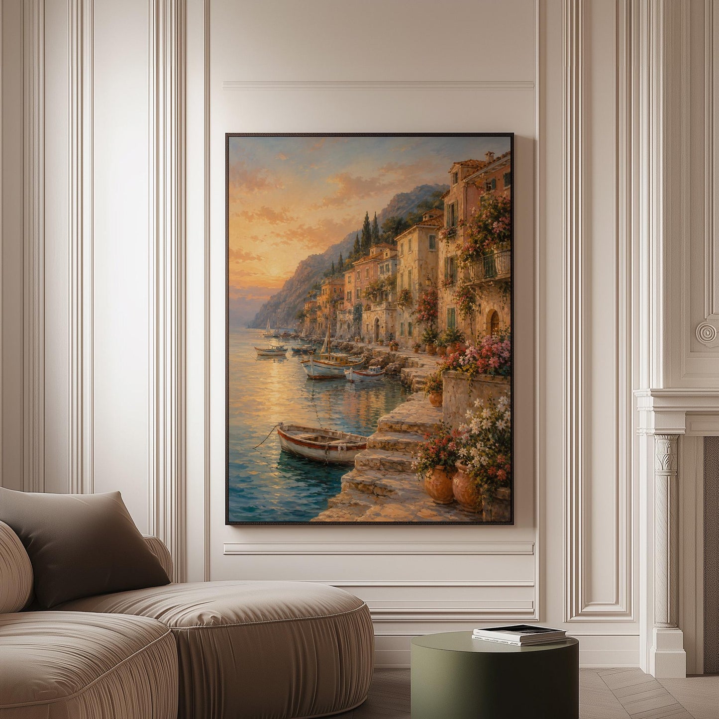 Italian harbor at sunset with fishing boats and flowers, canvas print on a softly lit wall in a calm interior