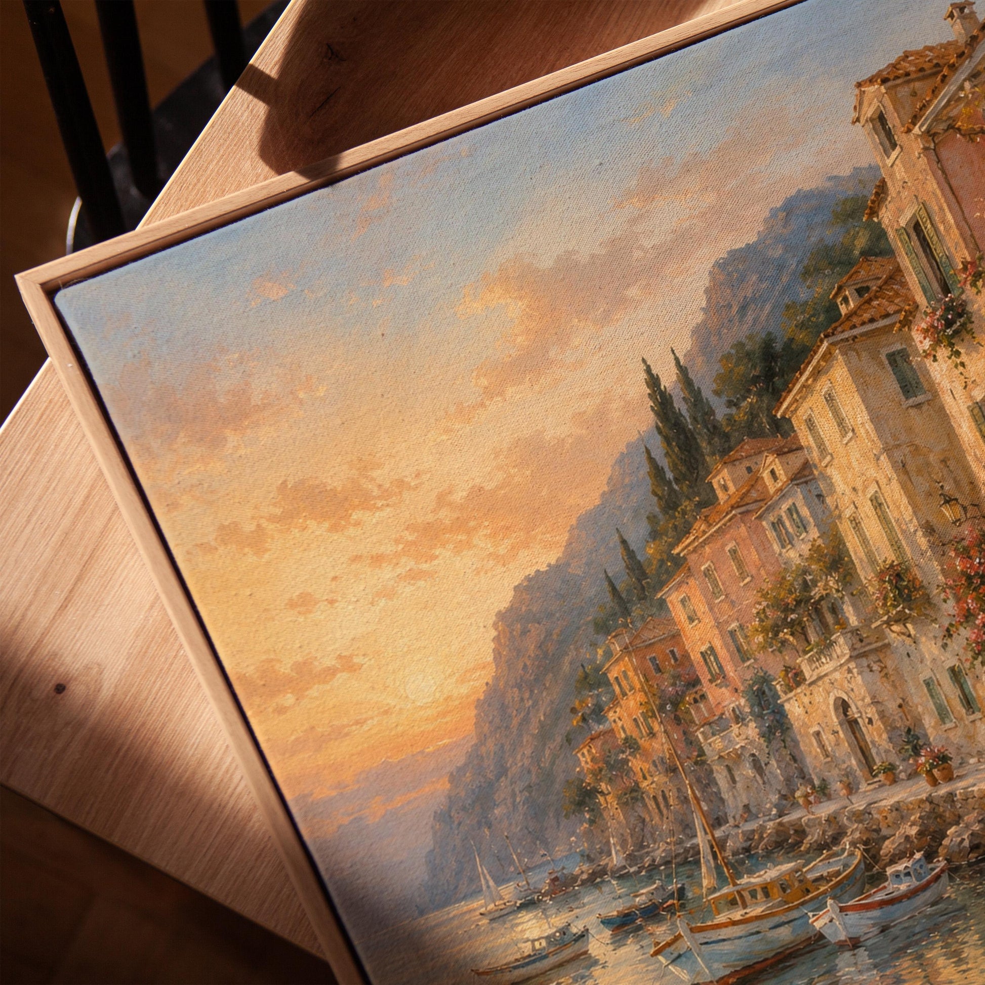 Italian harbor at sunset with fishing boats and flowers, canvas print in a warm, minimally styled interior