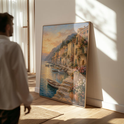 Italian harbor at sunset with fishing boats and flowers, canvas print seen in a warm interior with natural light