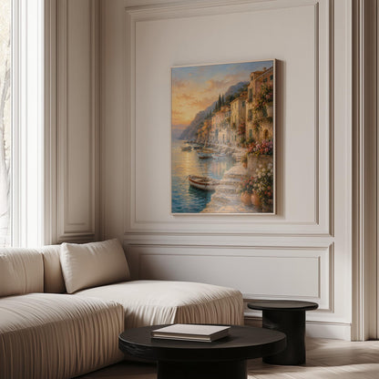 Italian harbor at sunset with fishing boats and flowers, canvas print shown to scale in a furnished room