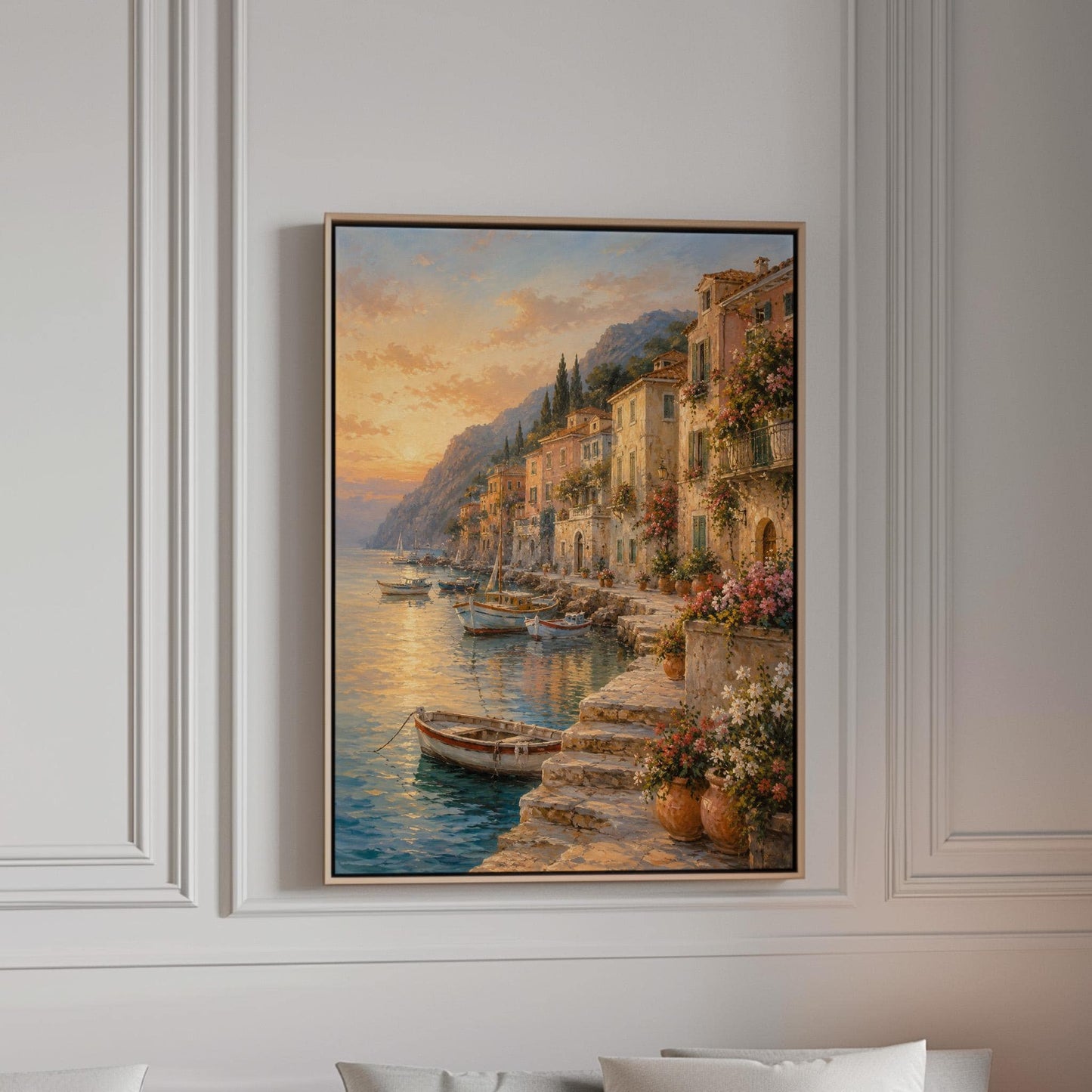 Italian harbor at sunset with fishing boats and flowers, canvas print in a bright room with natural daylight