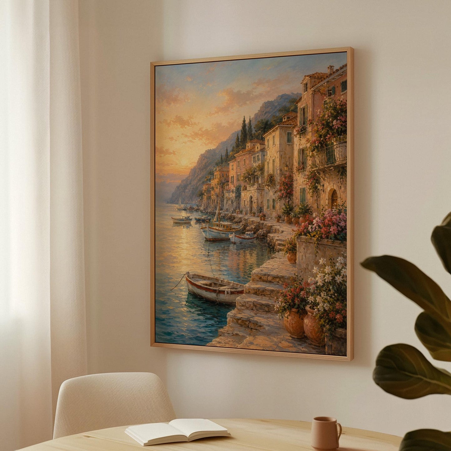 Italian harbor at sunset with fishing boats and flowers, canvas print shown in a sunlit, contemporary room