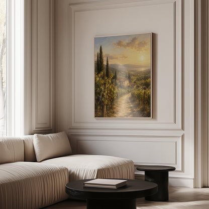 Tuscan vineyard at sunset with a stone farmhouse, canvas print styled against a soft white wall