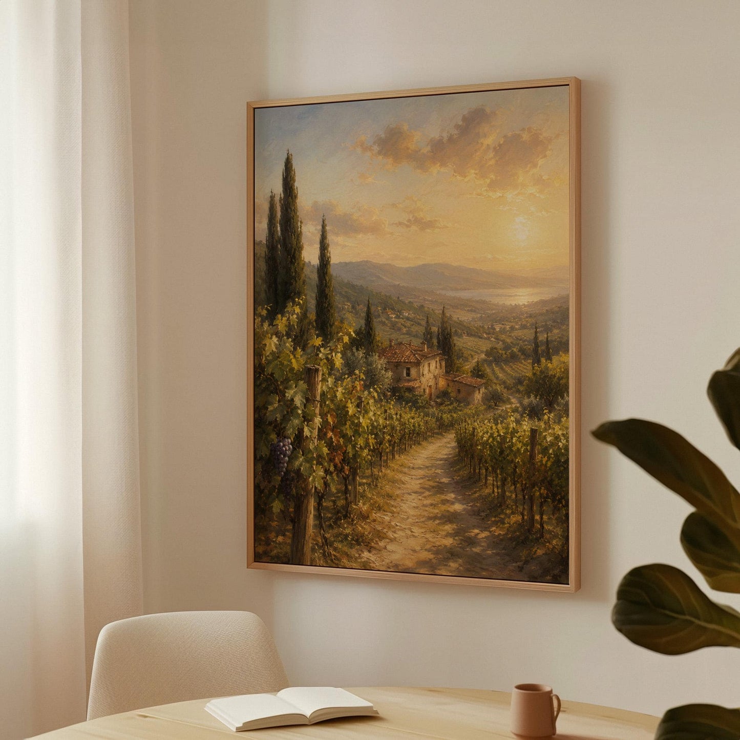 Tuscan vineyard at sunset with a stone farmhouse, canvas print presented in a light, minimal room
