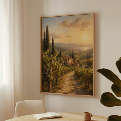 Tuscan vineyard at sunset with a stone farmhouse, canvas print presented in a light, minimal room