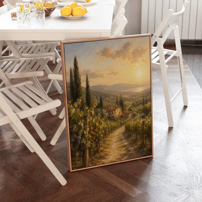 Tuscan vineyard at sunset with a stone farmhouse, canvas wall art hanging in a calm, modern living space