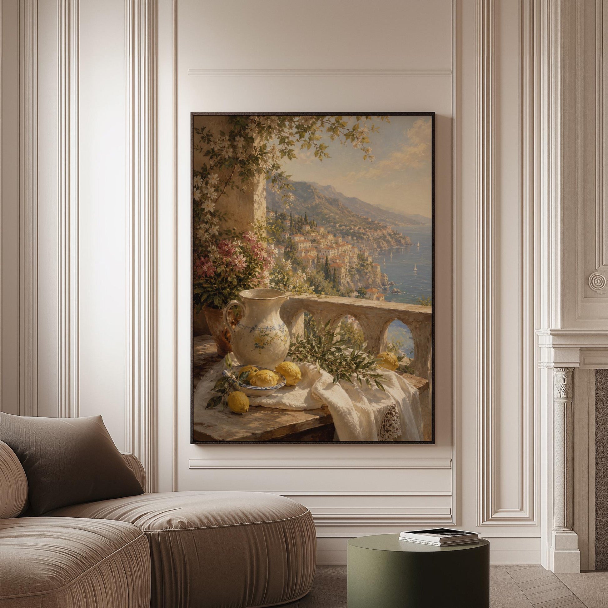 Lemon still life with a ceramic pitcher on an Italian balcony, canvas print on a softly lit wall in a calm interior