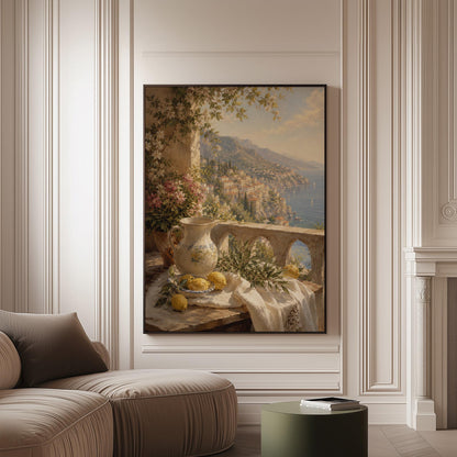 Lemon still life with a ceramic pitcher on an Italian balcony, canvas print on a softly lit wall in a calm interior