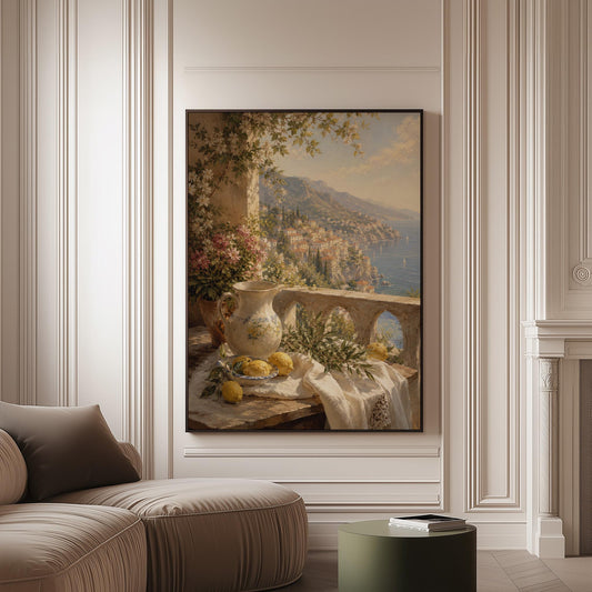 Lemon still life with a ceramic pitcher on an Italian balcony, canvas print on a softly lit wall in a calm interior