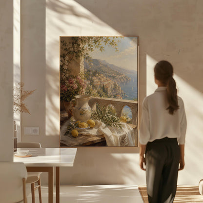Lemon still life with a ceramic pitcher on an Italian balcony, canvas print presented in a light, minimal room