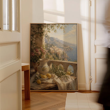 Lemon still life with a ceramic pitcher on an Italian balcony, canvas print displayed on a neutral wall in a styled interior