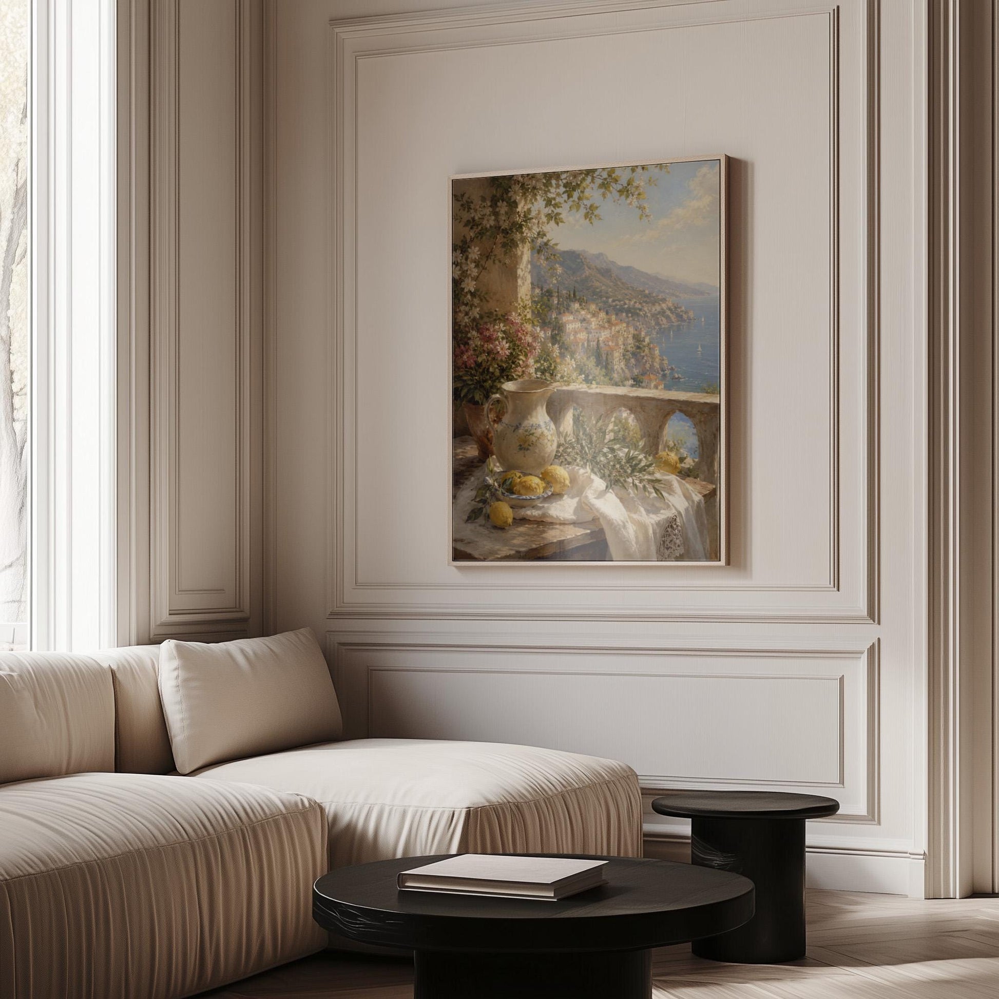 Lemon still life with a ceramic pitcher on an Italian balcony, canvas wall art seen in a warm interior with natural light