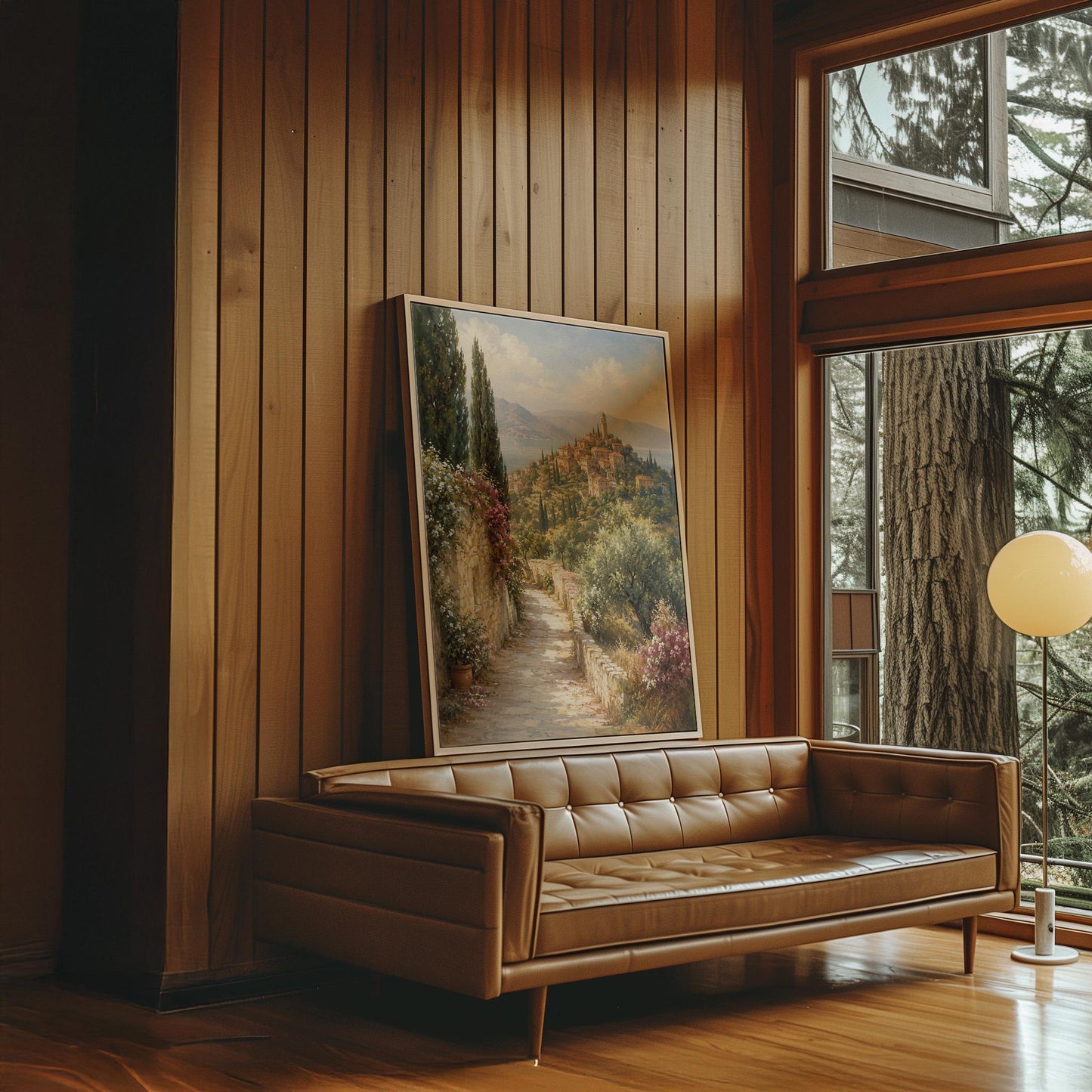 Stone path leading to an Italian hilltop village, canvas print hanging in a calm, modern living space