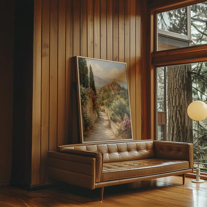Stone path leading to an Italian hilltop village, canvas print hanging in a calm, modern living space