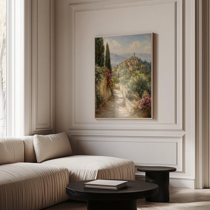 Stone path leading to an Italian hilltop village, canvas print seen in a warm interior with natural light