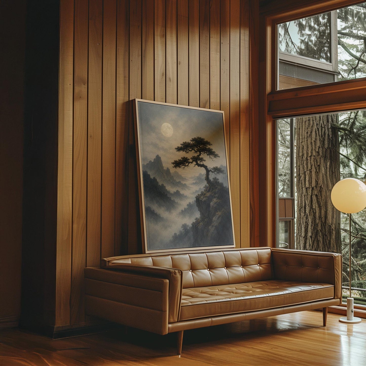 Moonlit misty mountains with a windswept pine tree, canvas print hanging in a calm, modern living space