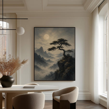 Moonlit misty mountains with a windswept pine tree, canvas print seen in a warm interior with natural light