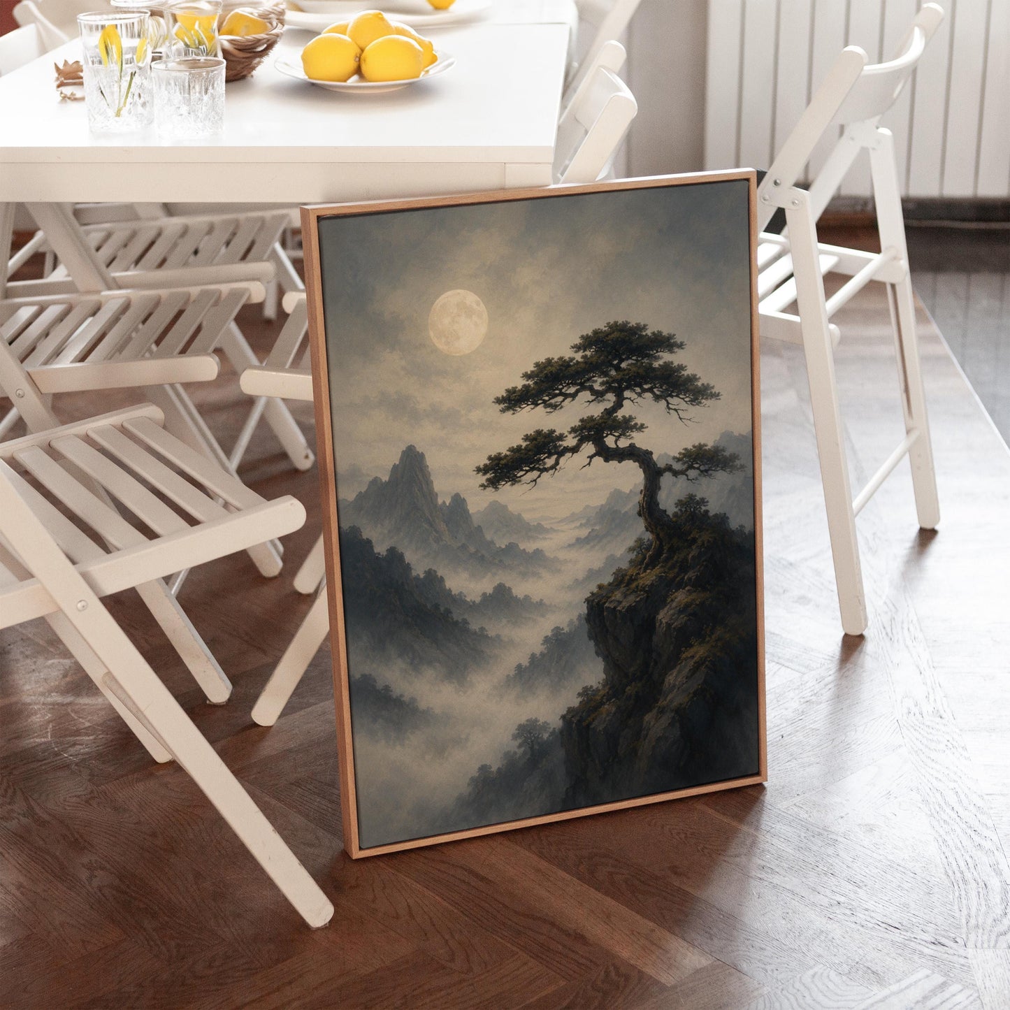 Moonlit misty mountains with a windswept pine tree, canvas print on a quiet wall in a considered interior