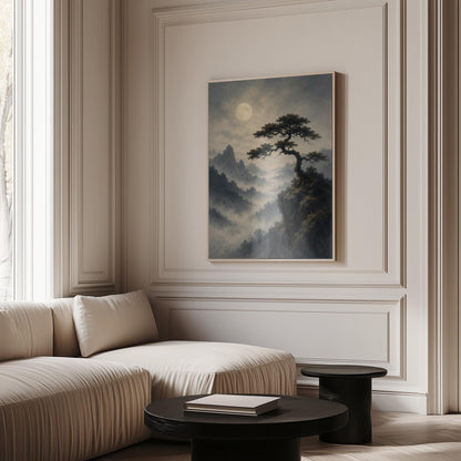 Moonlit misty mountains with a windswept pine tree, canvas print shown to scale in a furnished room