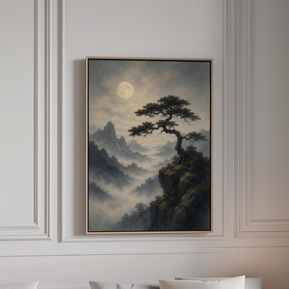 Moonlit misty mountains with a windswept pine tree, canvas print in a bright room with natural daylight