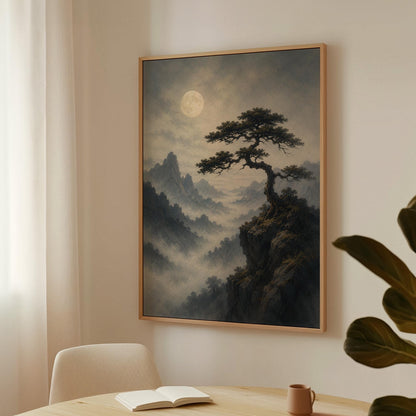 Moonlit misty mountains with a windswept pine tree, canvas wall art hanging in a calm, modern living space