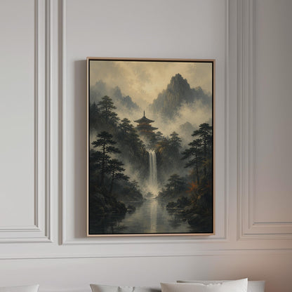Japanese pagoda above a waterfall in misty pine forest, canvas print in a bright room with natural daylight
