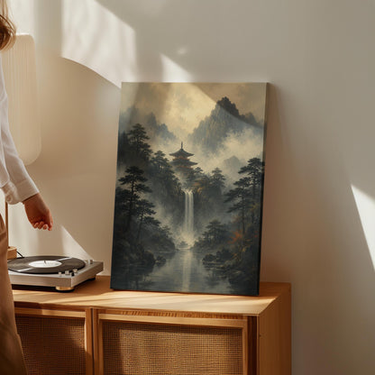 Japanese pagoda above a waterfall in misty pine forest, canvas print hanging in a calm, modern living space