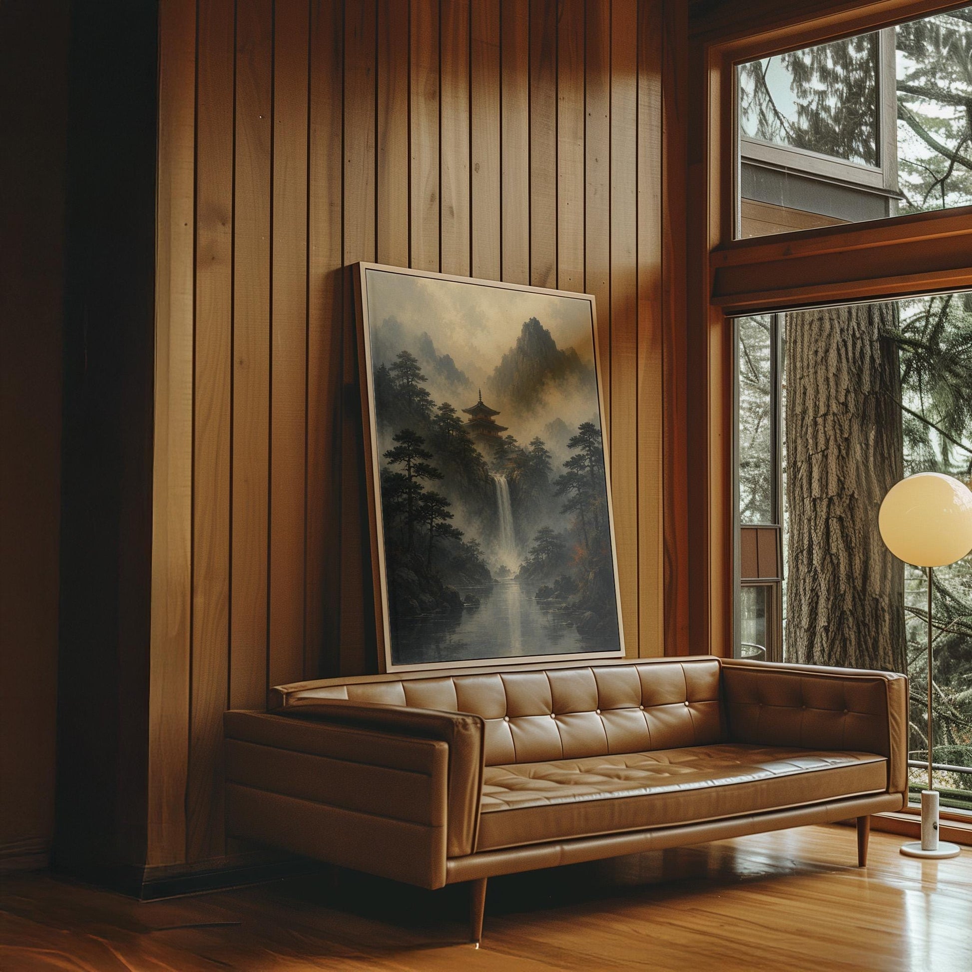 Japanese pagoda above a waterfall in misty pine forest, canvas print styled against a soft white wall