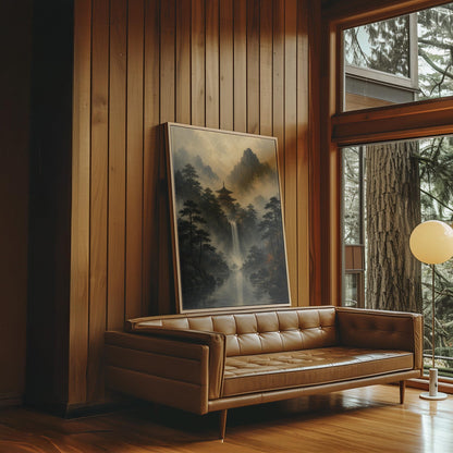 Japanese pagoda above a waterfall in misty pine forest, canvas print styled against a soft white wall