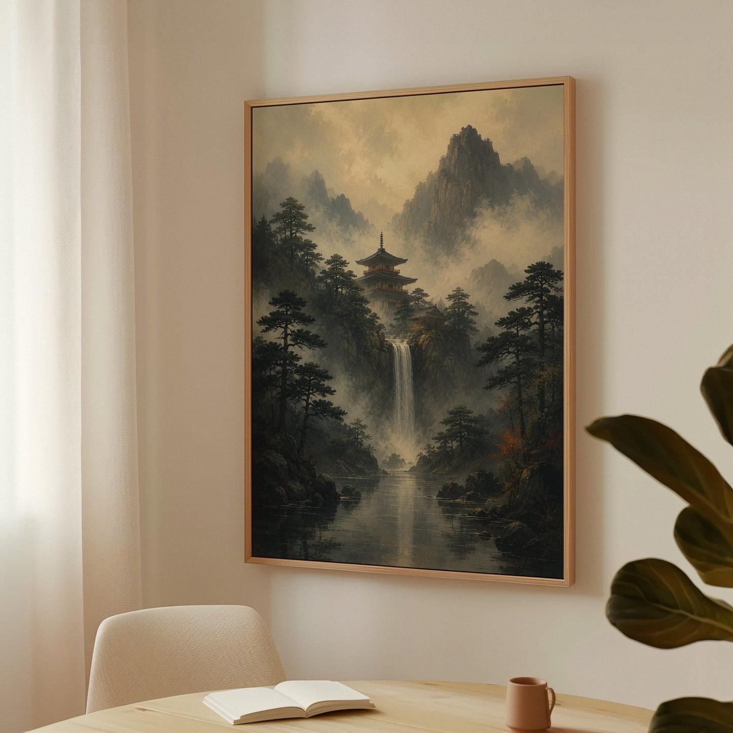 Japanese pagoda above a waterfall in misty pine forest, canvas print seen in a warm interior with natural light