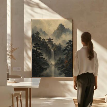 Japanese pagoda above a waterfall in misty pine forest, canvas print on a quiet wall in a considered interior