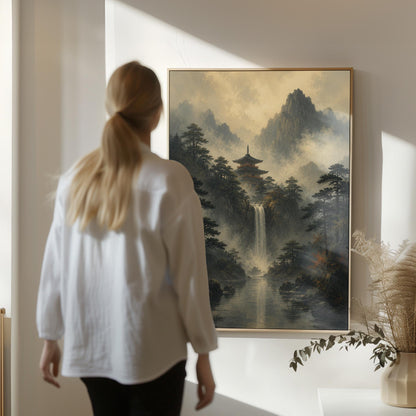 Japanese pagoda above a waterfall in misty pine forest, canvas wall art styled against a soft white wall