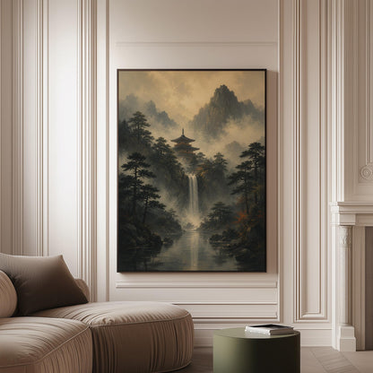 Japanese pagoda above a waterfall in misty pine forest, canvas print on a softly lit wall in a calm interior