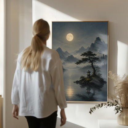 Moonlit lake with a stone lantern on a small island, canvas print hanging in a calm, modern living space