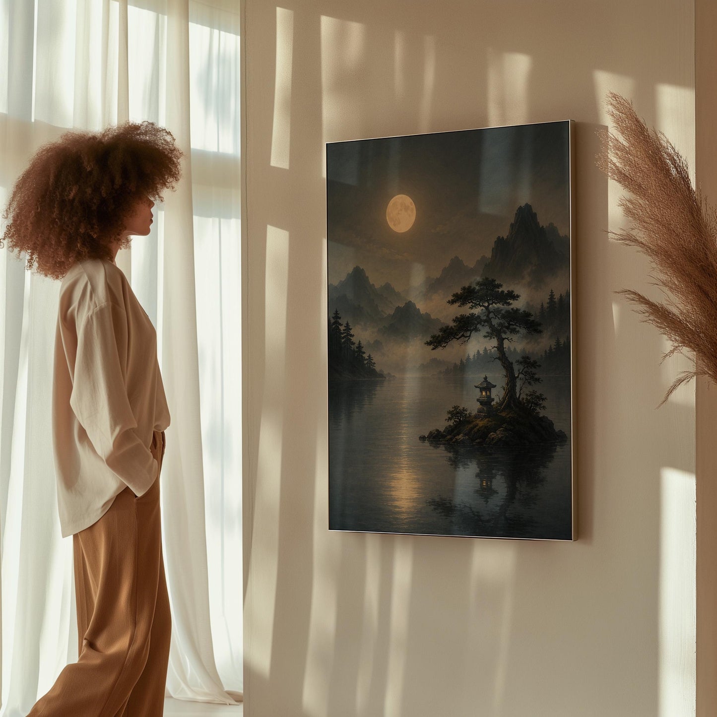 Moonlit lake with a stone lantern on a small island, canvas print shown in a sunlit, contemporary room